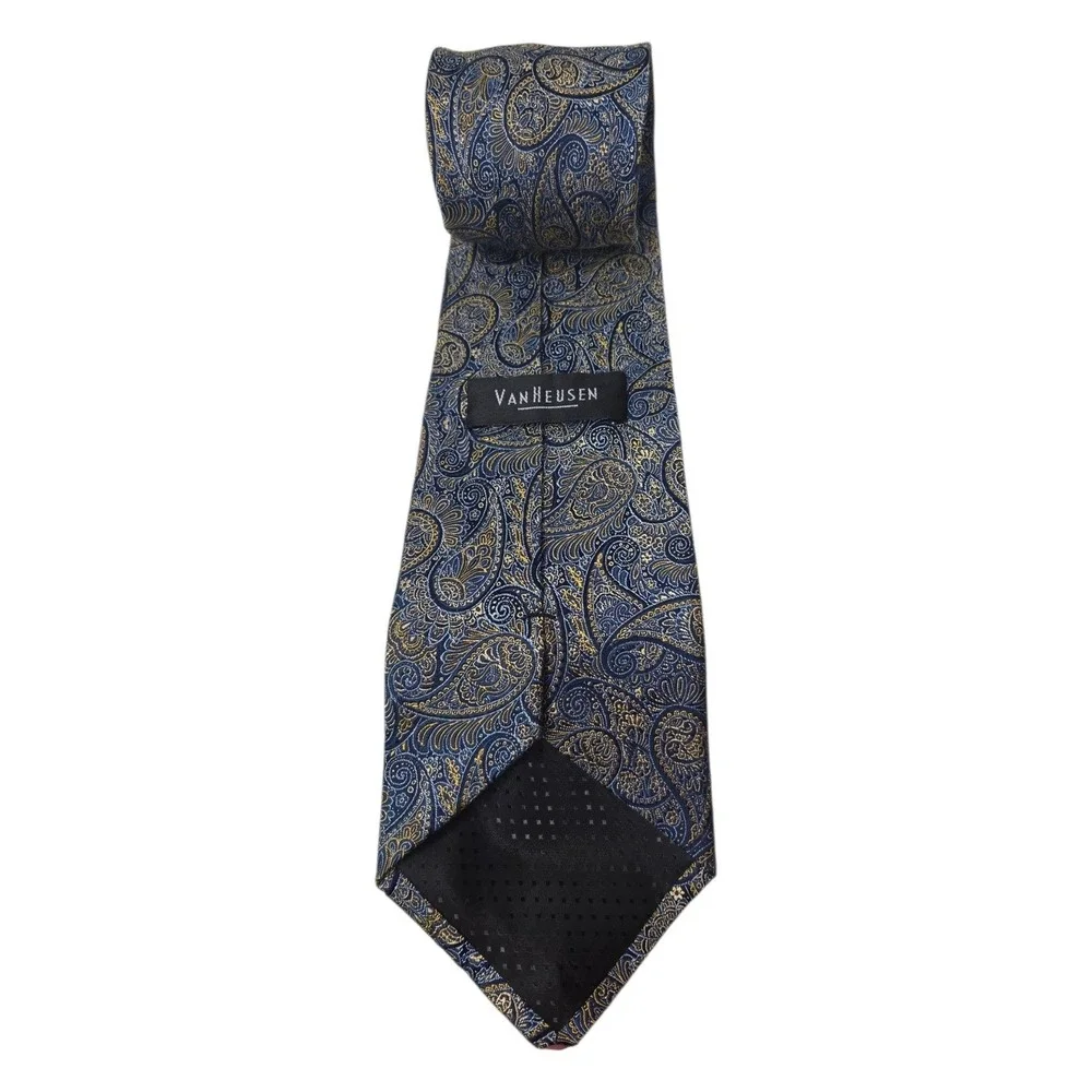 Van Heusen 100% Silk Tie Blue Paisley Gold Trim Mens Necktie Classic Formal